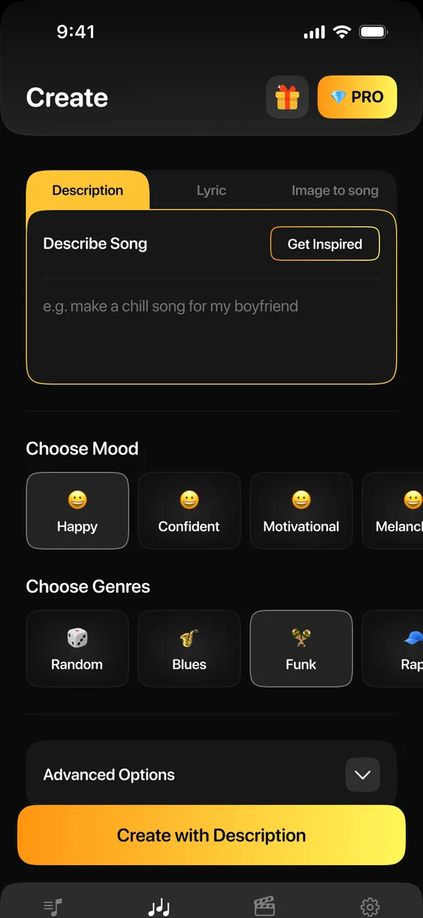 Create screen with mood and genre